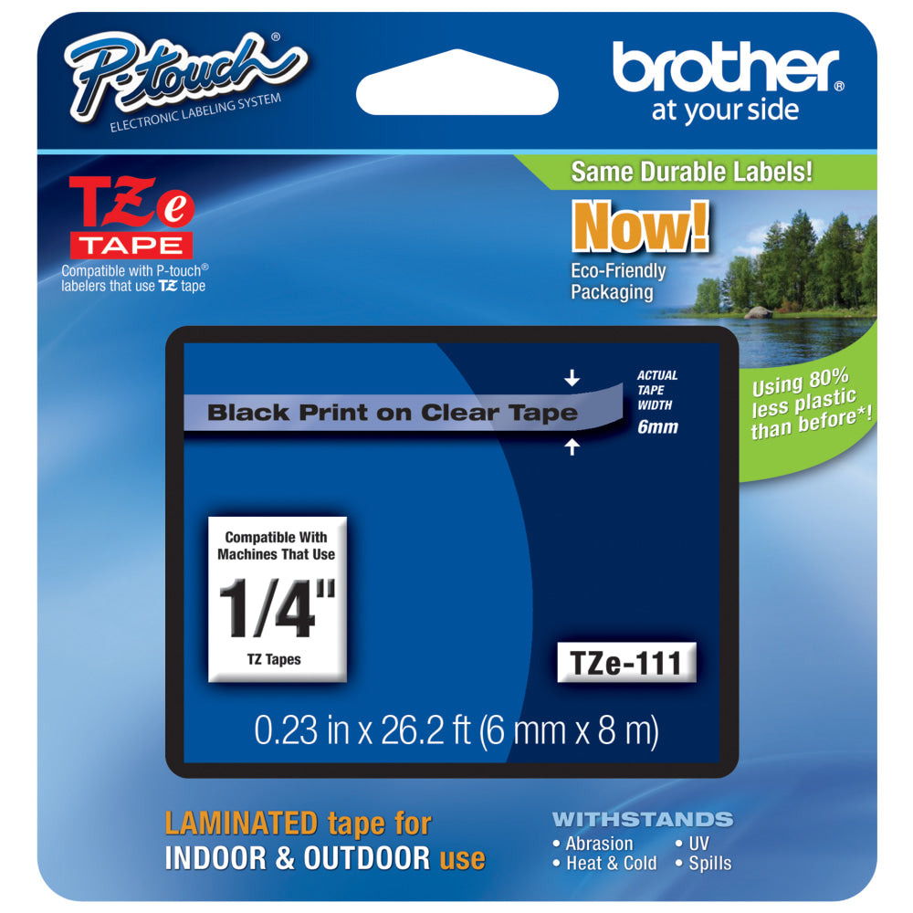 Brother TZe-111 Black-On-Clear Tape, 0.25in x 26.2ft