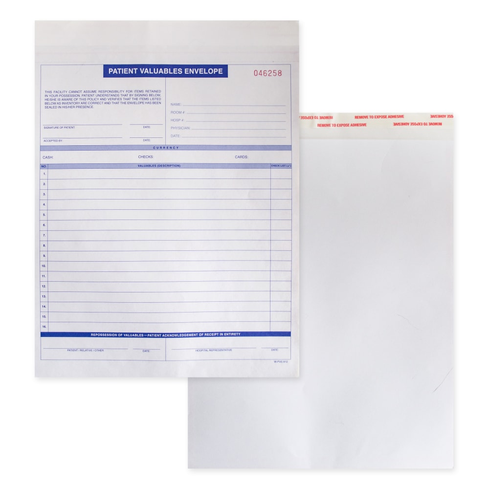Patient Valuable Form And Paper Envelope, Sequentially Numbered, 3-Part, 9in x 12in, Pack Of 1,000 Sets