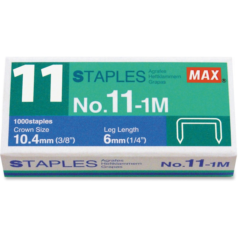 MAX No. 11-1M Staples - 50 Per Strip - 15/64in Leg - 7/17in Crown - for Paper - Silver - 1000 / Box