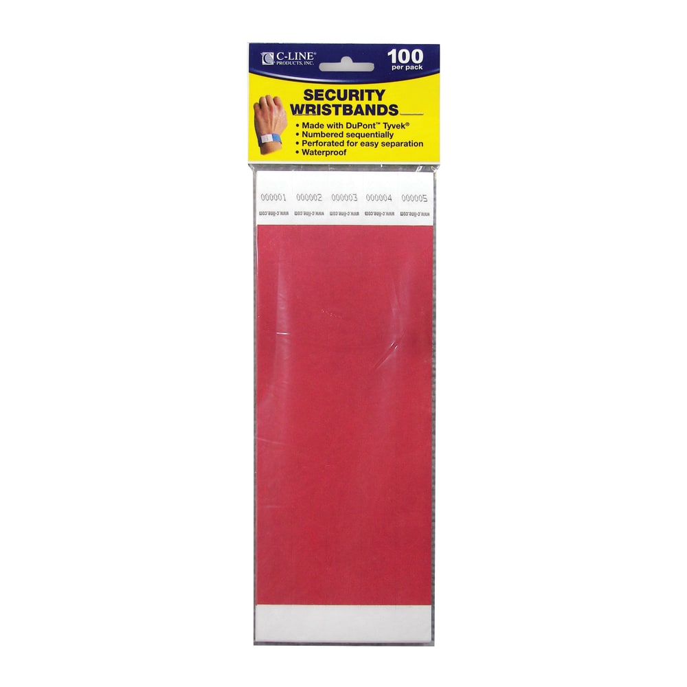 C-Line DuPont Tyvek Security Wristbands, 3/4in x 10in, Red, 100 Wristbands Per Pack, Set Of 2 Packs