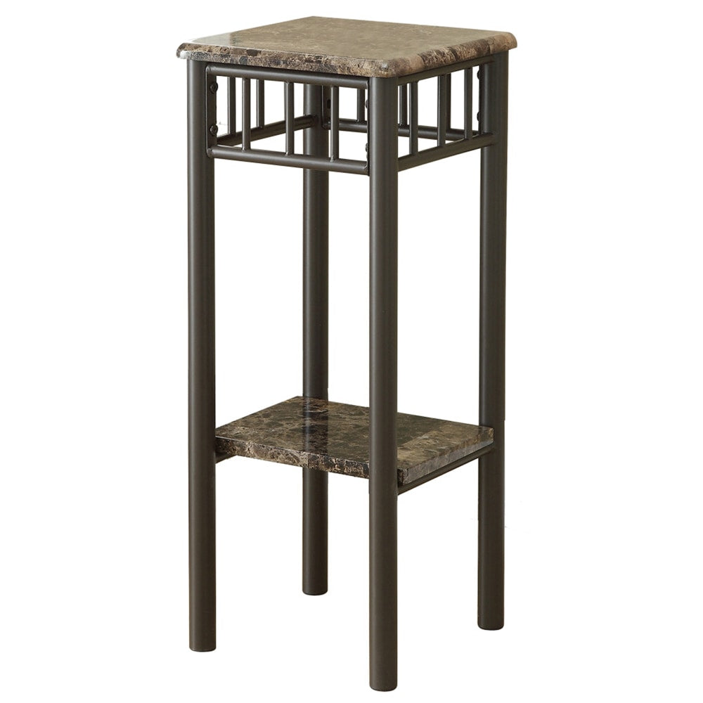 Monarch Specialties Rosa Accent Table, 28inH x 12inW x 12inD, Cappuccino Marble/Bronze