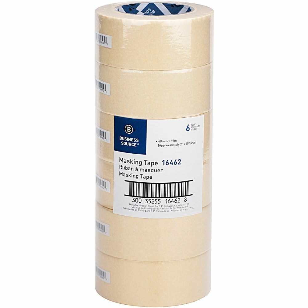 Business Source Utility-purpose Masking Tape - 60 yd Length x 2in Width - 3in Core - Crepe Paper Backing - For Bundling, Holding, Sealing, Masking - 6 / Pack - Tan