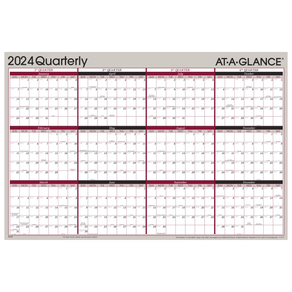 2024 AT-A-GLANCE Vertical/Horizontal Reversible Erasable Quarterly Wall Calendar, 36in x 24in, Tan, January to December 2024, A123