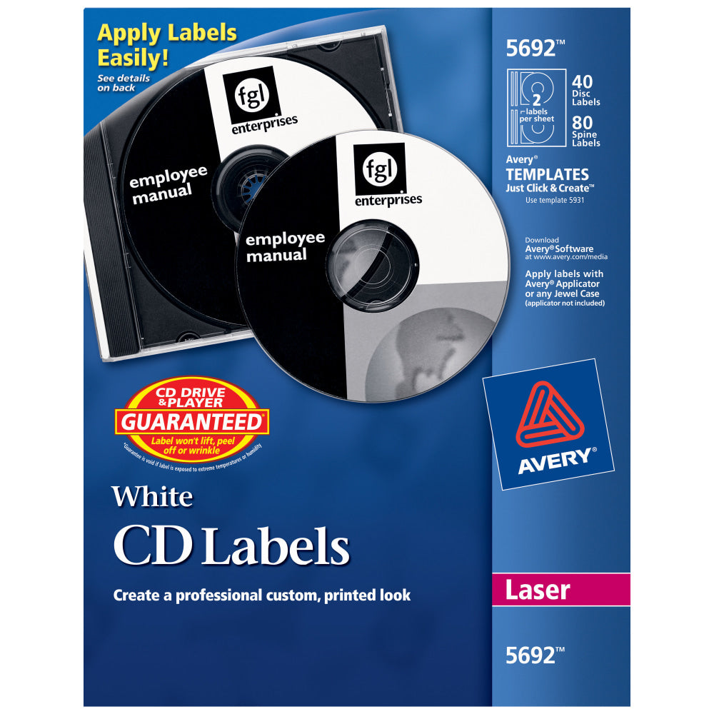 Avery CD/DVD Print-to-the-Edge Labels, 5692, Round, 4.65in Diameter, White, 40 Disc Labels And 80 Spine Labels