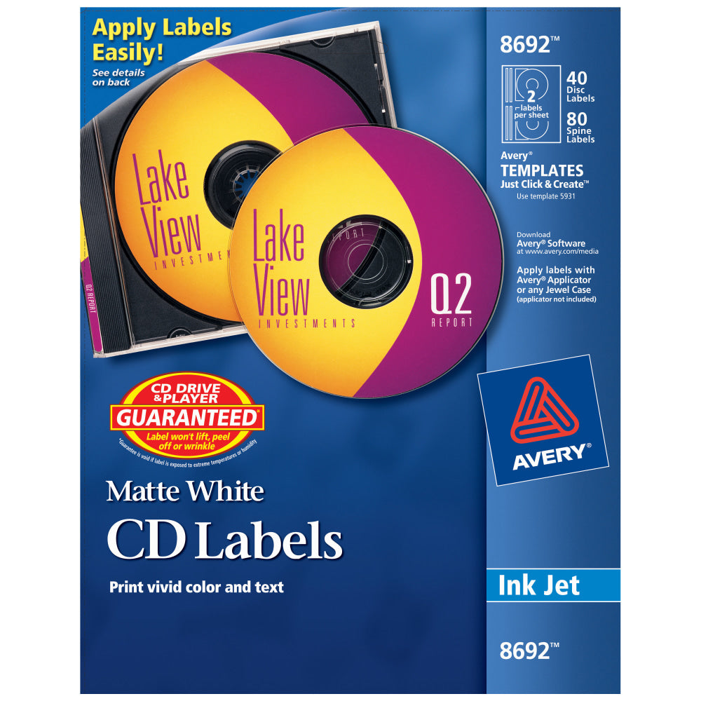 Avery CD/DVD Print-to-the-Edge Labels, 8692, Round, 4.65in Diameter, White, 40 Disc Labels And 80 Spine Labels