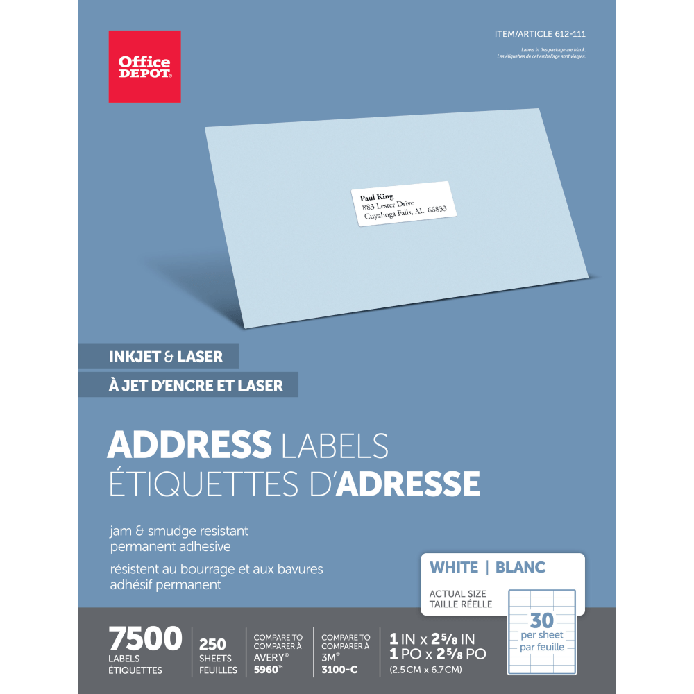 Office Depot Brand Inkjet/Laser Address Labels, Rectangle, 1in x 2 5/8in, White, Pack Of 7,500
