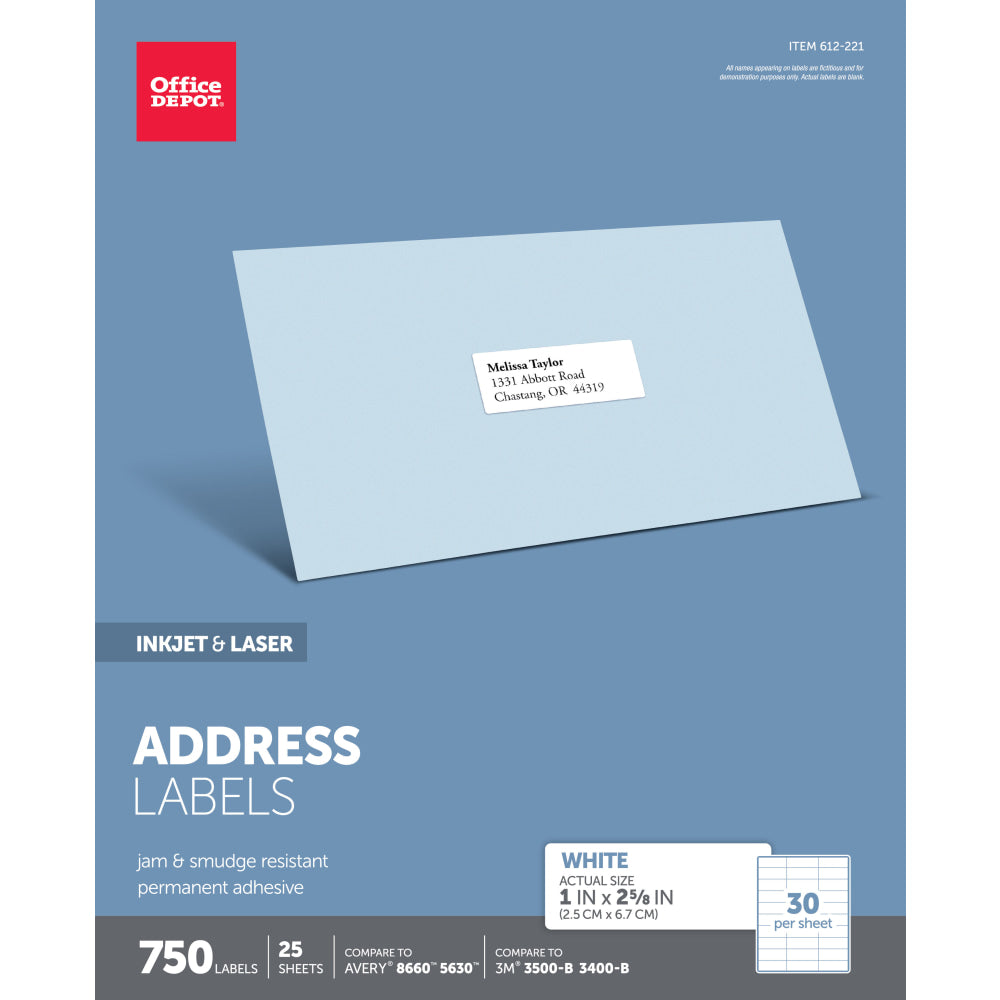 Office Depot Brand Inkjet/Laser Address Labels, Rectangle, 1in x 2 5/8in, White, Pack Of 750