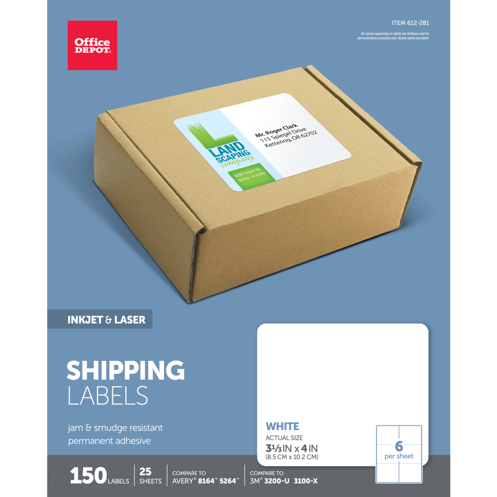 Office Depot Brand Inkjet/Laser Shipping Labels, Rectangle, 3 1/3in x 4in, White, Pack Of 150