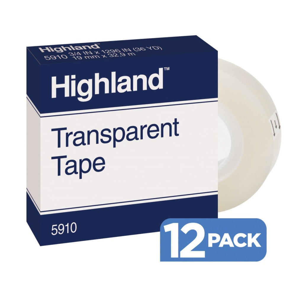 3M Highland 5910 Transparent Tape, 3/4in x 1,296in, Pack Of 12