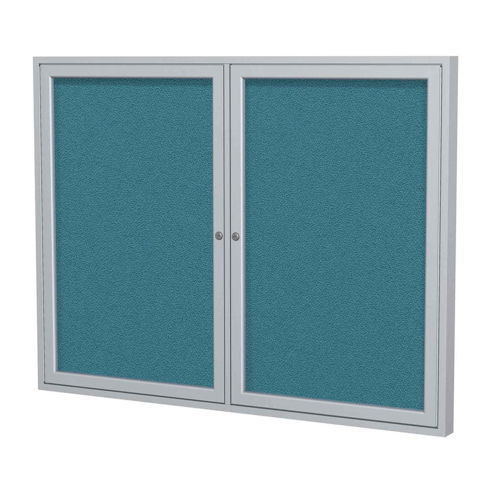 Ghent Traditional Enclosed 2-Door Fabric Bulletin Board, 36in x 60in, Teal, Satin Aluminum Frame