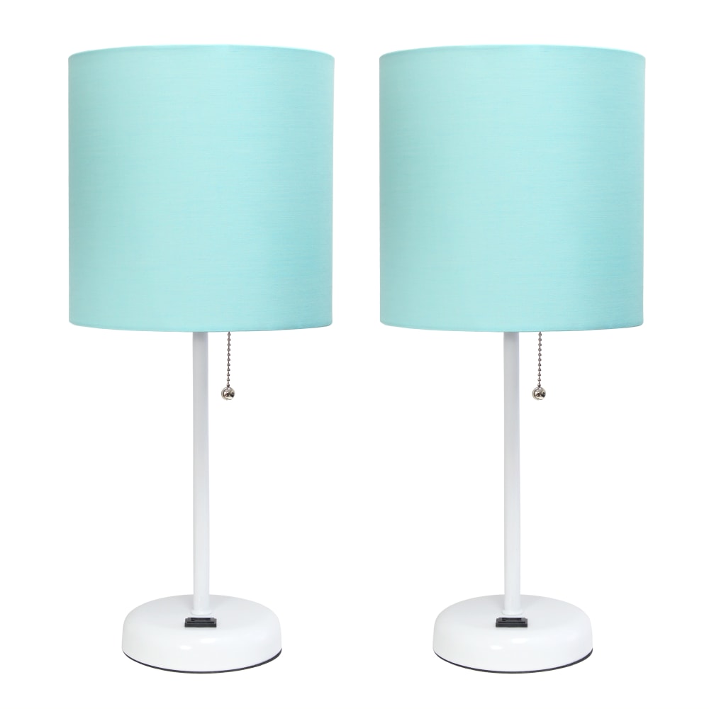 LimeLights Stick Desktop Lamps With Charging Outlets, 19-1/2in, Aqua Shade/White Base, Set Of 2 Lamps