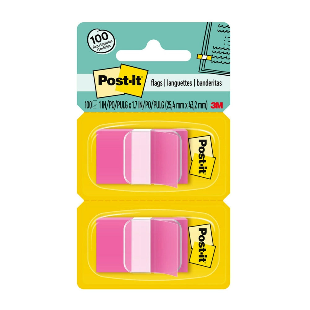 Post-it Flags, 1in x 1 -11/16in, Bright Pink, 50 Flags Per Pad, Pack Of 2 Pads