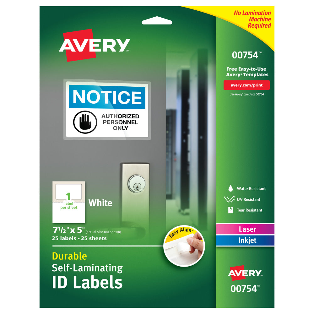Avery Easy Align Self-Laminating ID Labels, AVE00754, 5in x 7 1/2in, White, Pack of 25