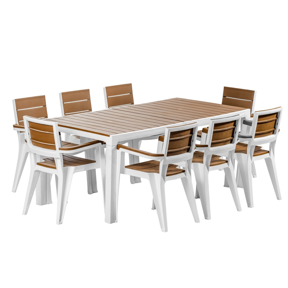 Inval Madeira 9-Piece Indoor And Outdoor 8-Seat Rectangular Table And 8 Arm Chair Set, 29inH x 35inW x 70inD, White/Teak Brown