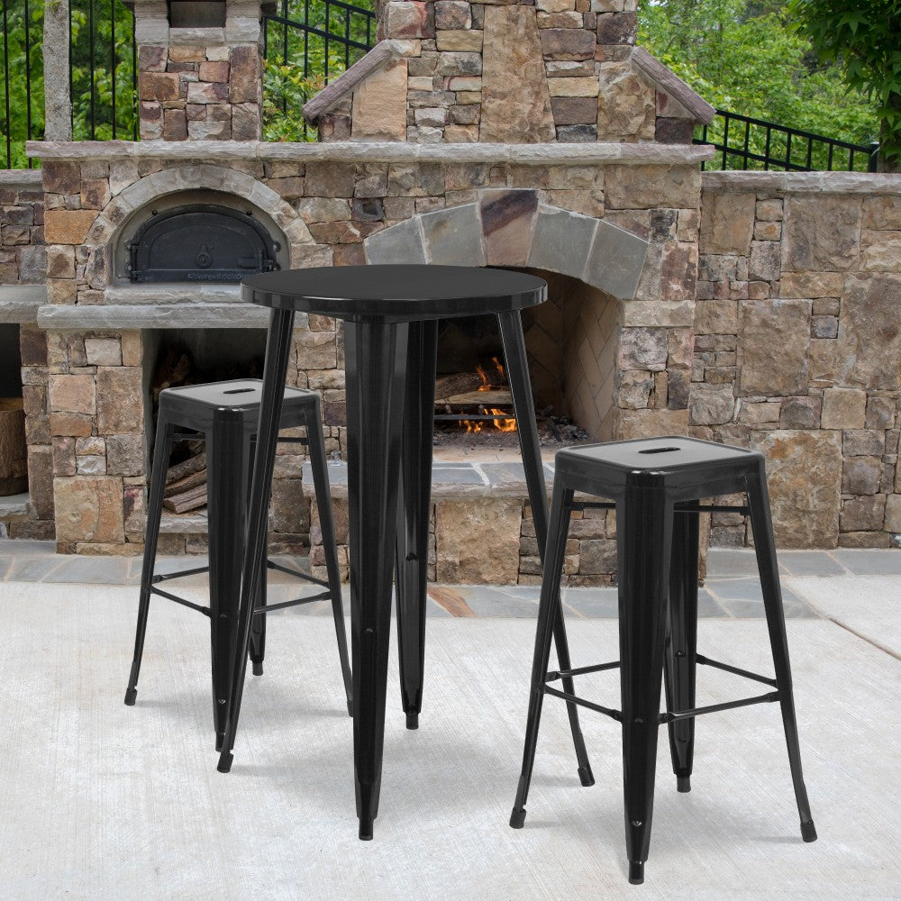 Flash Furniture Commercial-Grade Round Metal Indoor/Outdoor Bar Table Set With 2 Square-Seat Backless Stools, 41inH x 24inW x 24inD, Black