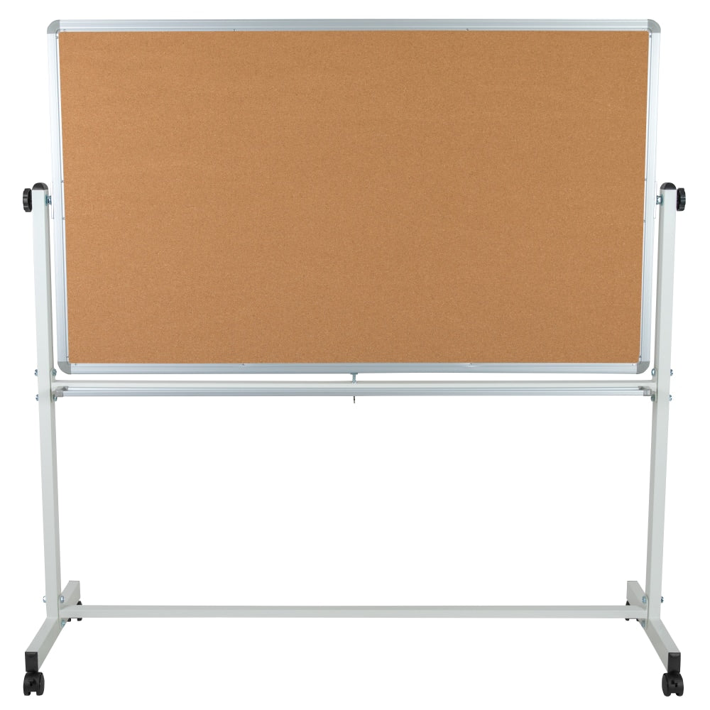 Flash Furniture Reversible Cork Bulletin/Magnetic Dry-Erase Whiteboard, 62 1/2in x 62 1/4in, Silver Aluminum Frame