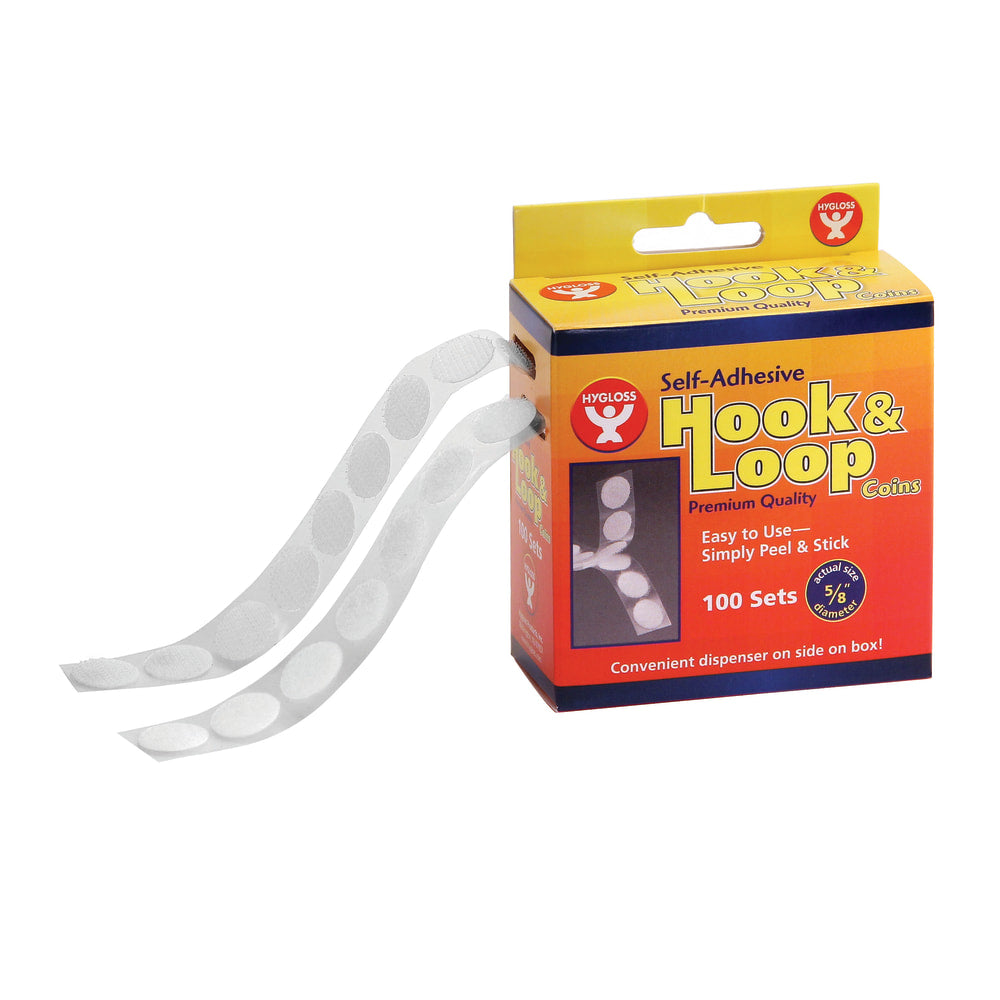 Hygloss Hook-And-Loop Coins, 5/8in Diameter, White, 100 Coins Per Pack, Set Of 2 Packs