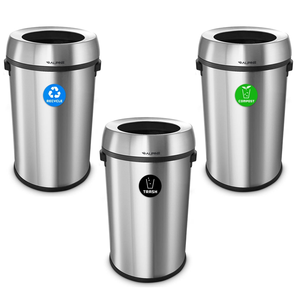 Alpine Industries Stainless Steel Open Top Recycling, Trash And Compost Station, 17 Gallons, Silver