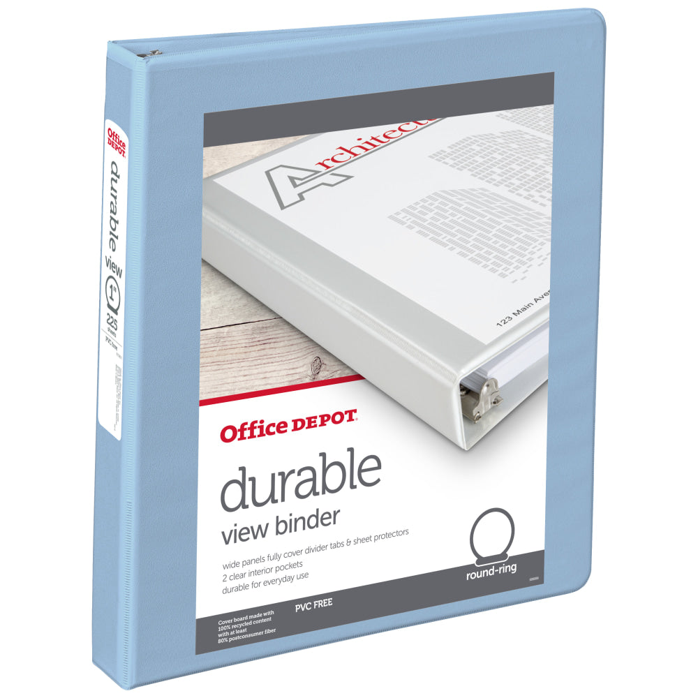 Office Depot Brand 3-Ring Durable View Binder, 1in Round Rings, Baby Blue