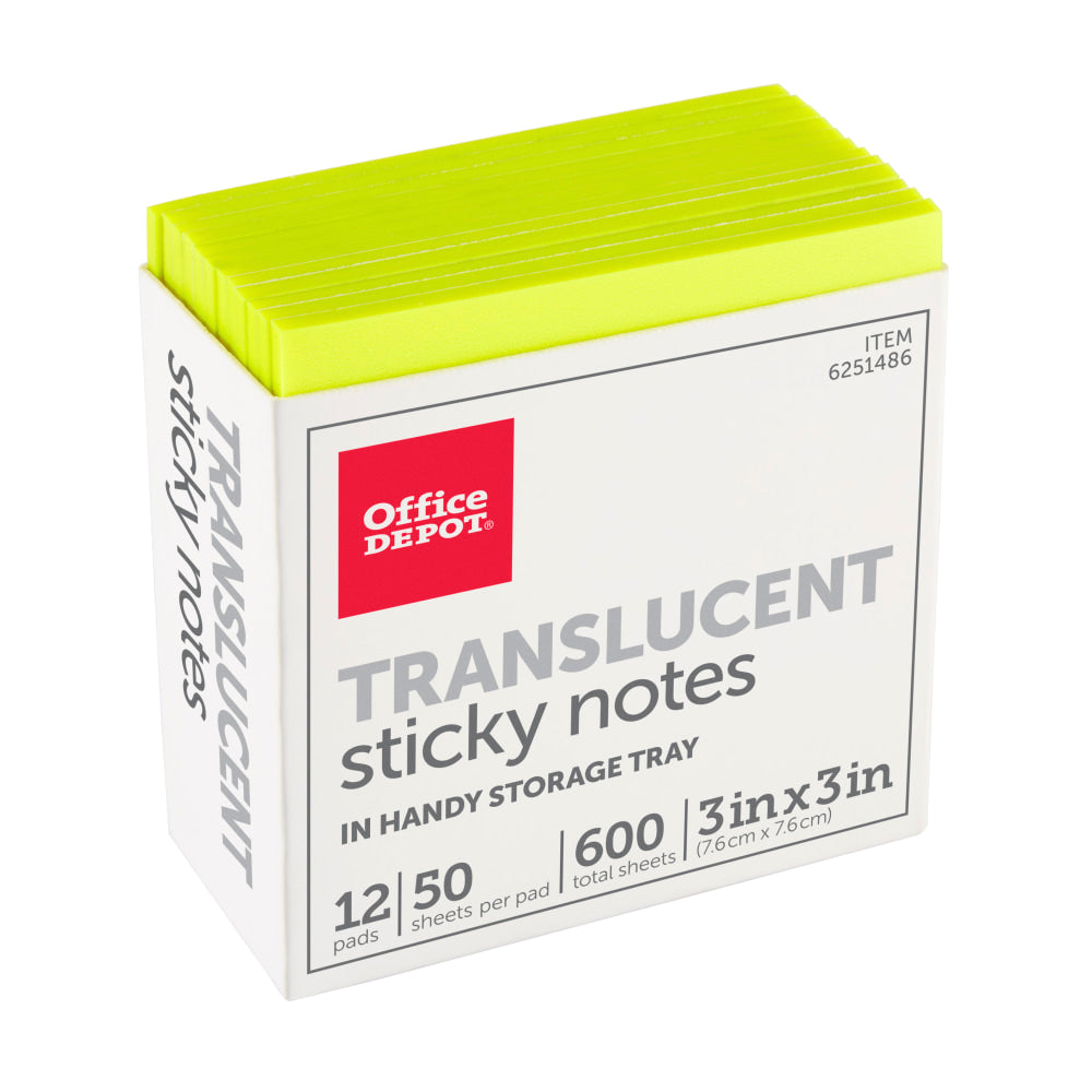 Office Depot Brand Translucent Sticky Notes, With Storage Tray, 3in x 3in, Yellow, 50 Notes Per Pad, Pack Of 12 Pads