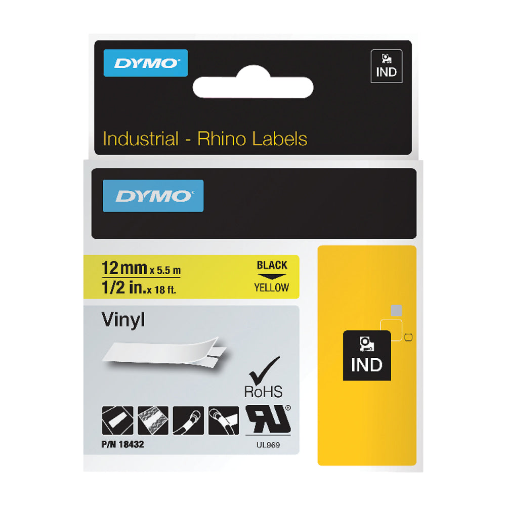 DYMO RhinoPRO 18432 Vinyl Label Tape, 15/32inW x 18 3/64L , Rectangle, Black on Yellow