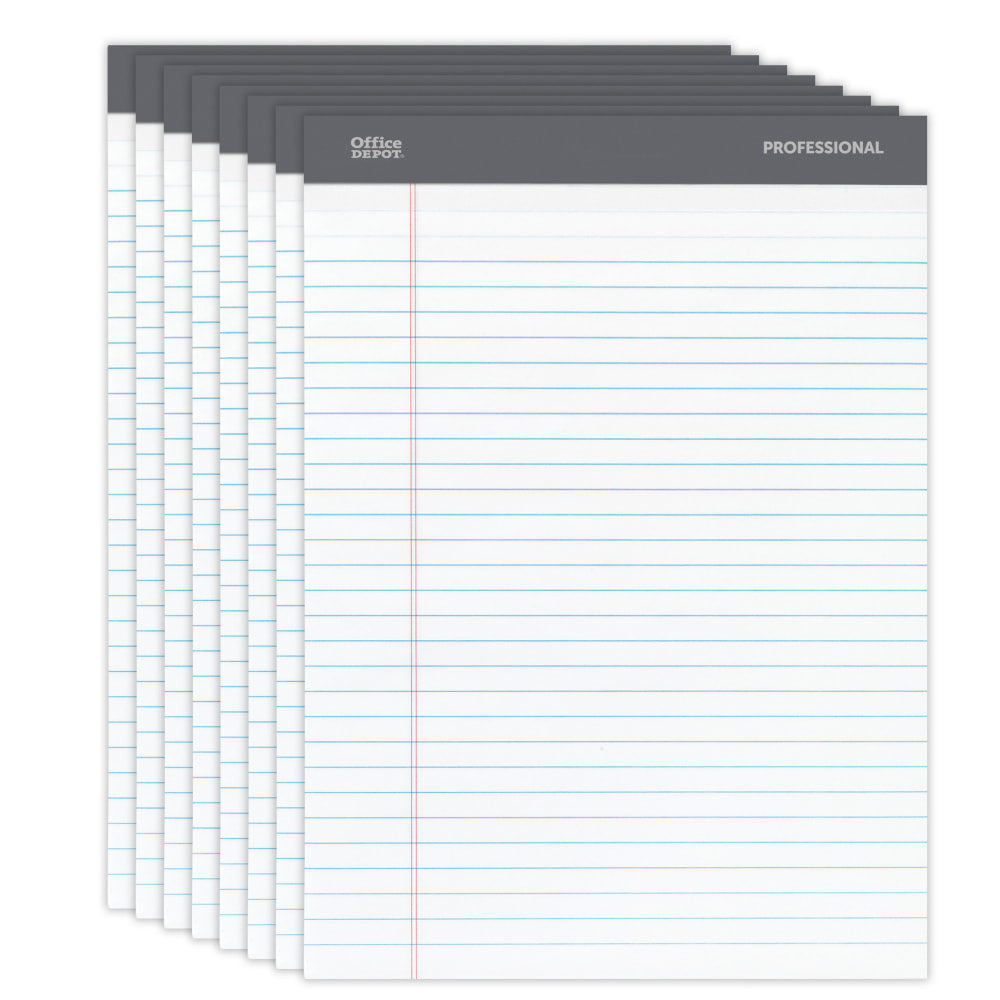 Office Depot Brand Professional Writing Pads, 8 1/2in x 11 3/4in, Legal Ruled/Wide, 50 Sheets, White, Pack Of 8
