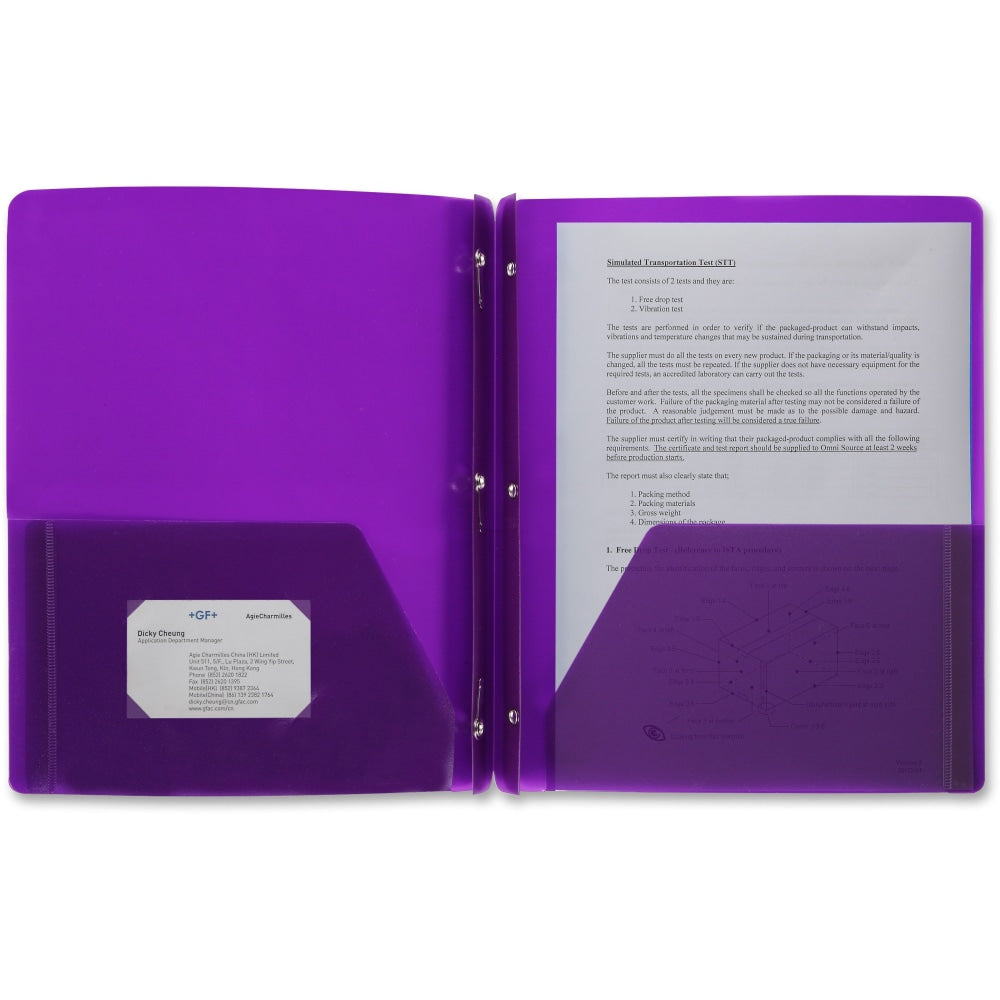 Business Source 3-Hole Punched Poly Portfolios - Letter - 8 1/2in x 11in Sheet Size - 50 Sheet Capacity - 3 x Prong Fastener(s) - 2 Pocket(s) - Poly - Purple - 1 Each