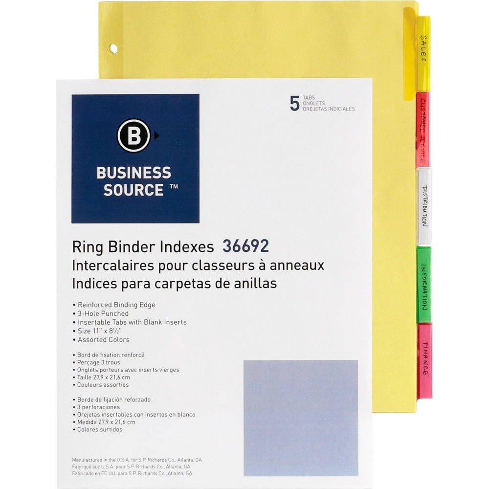 Business Source Insertable Tab Ring Binder Indexes - 5 Blank Tab(s)2in Tab Width - 8.5in Divider Width x 11in Divider Length - Letter - 3 Hole Punched - Multicolor Tab(s) - 250 / Box