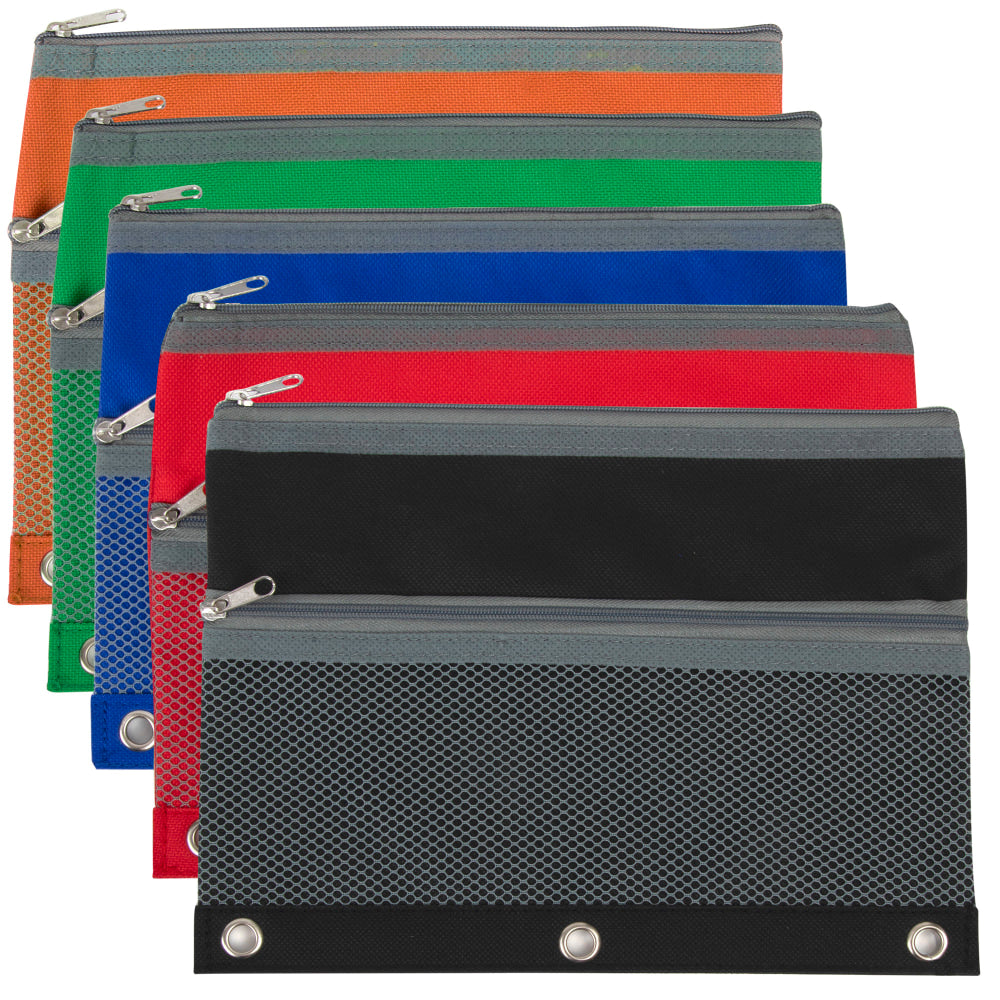 Trailmaker 3-Ring Binder Pencil Cases With Mesh Pockets, 7in x 9-13/16in, Assorted Colors, Pack Of 100 Cases