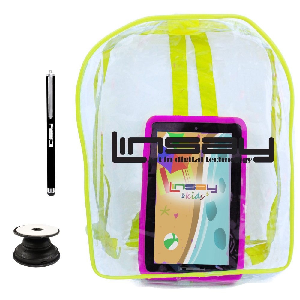 Linsay F7 Tablet, 7in Screen, 2GB Memory, 64GB Storage, Android 13, Kids Pink/Bag