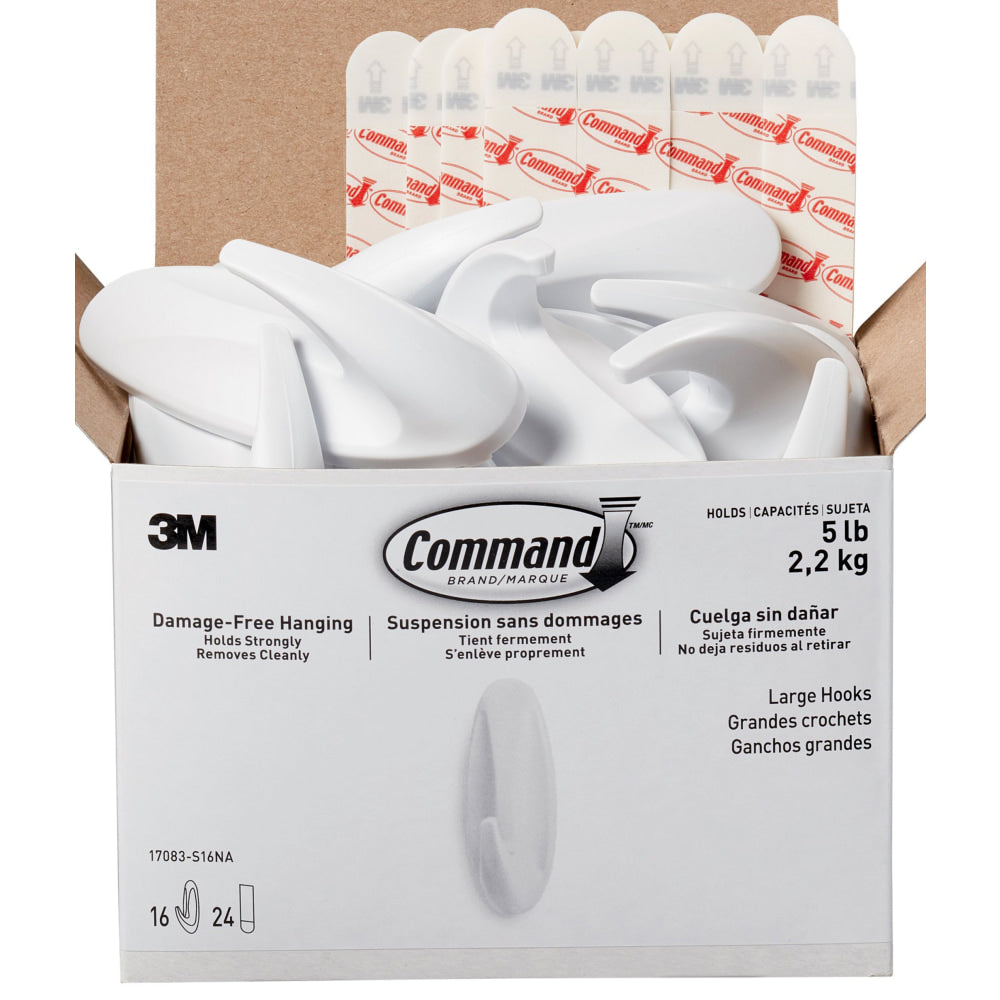 Command Large Wall Hooks, 16-Command Hooks, 24-Command Strips, Damage-Free, White