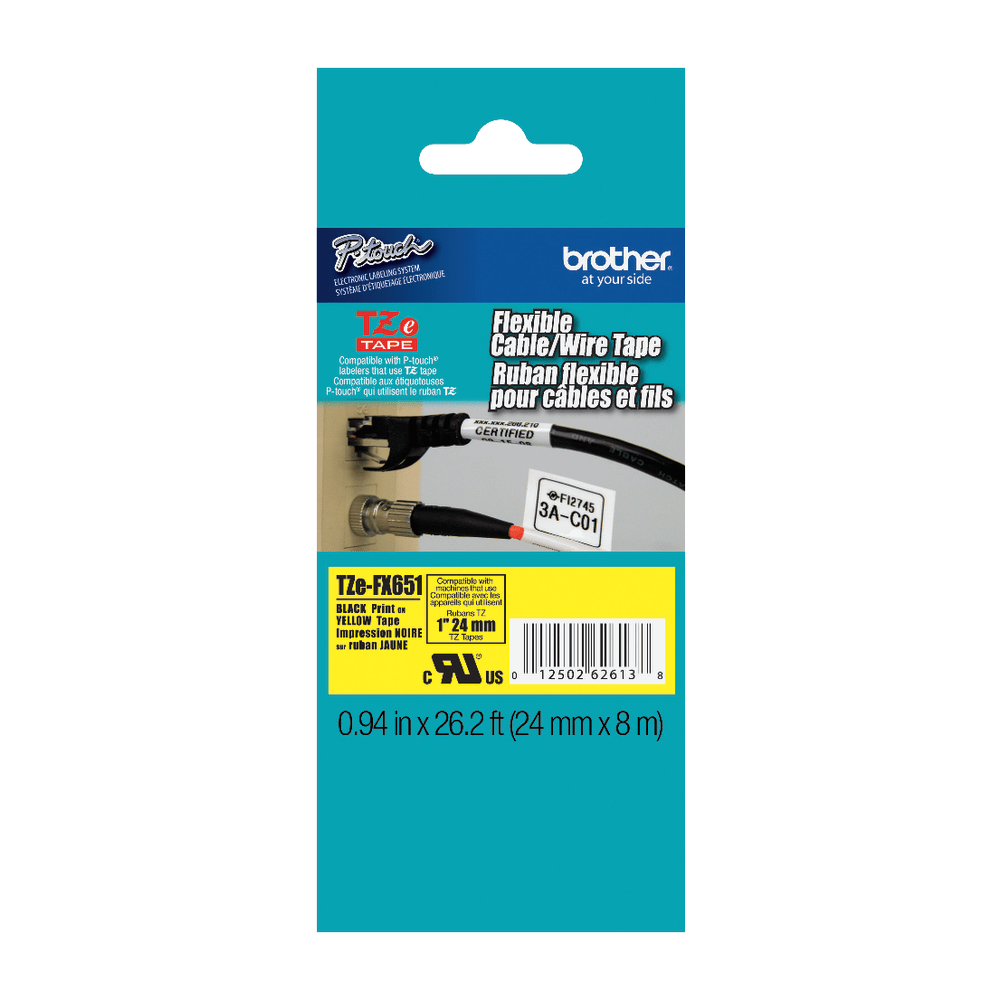 Brother TZe FX651 Flexible Label Maker Tape, 1in x 26.2ft, Black Print/Yellow Label