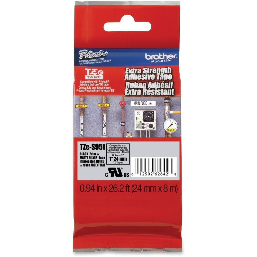 Brother TZeS951 Black on Matte Silver Label Tape - 15/16in Width - Permanent Adhesive - Thermal Transfer - Matte Silver