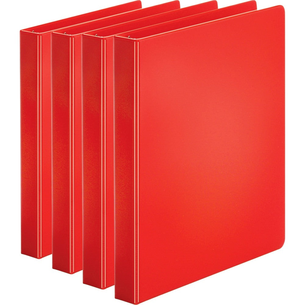 Business Source Basic Round Ring Binders, 1in Ring, 8 1/2in x 11in, Red, Pack Of 4