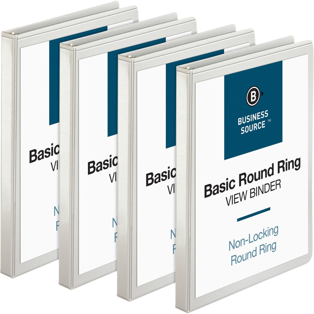 Business Source RounD-Ring View Binder, 1/2in Ring, 8 1/2in x 11in, White, Pack Of 4