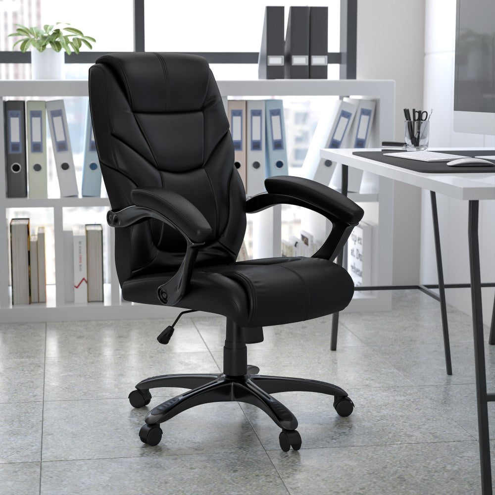 Flash Furniture Overstuffed Ergonomic LeatherSoft Faux Leather High-Back Swivel Chair, Black