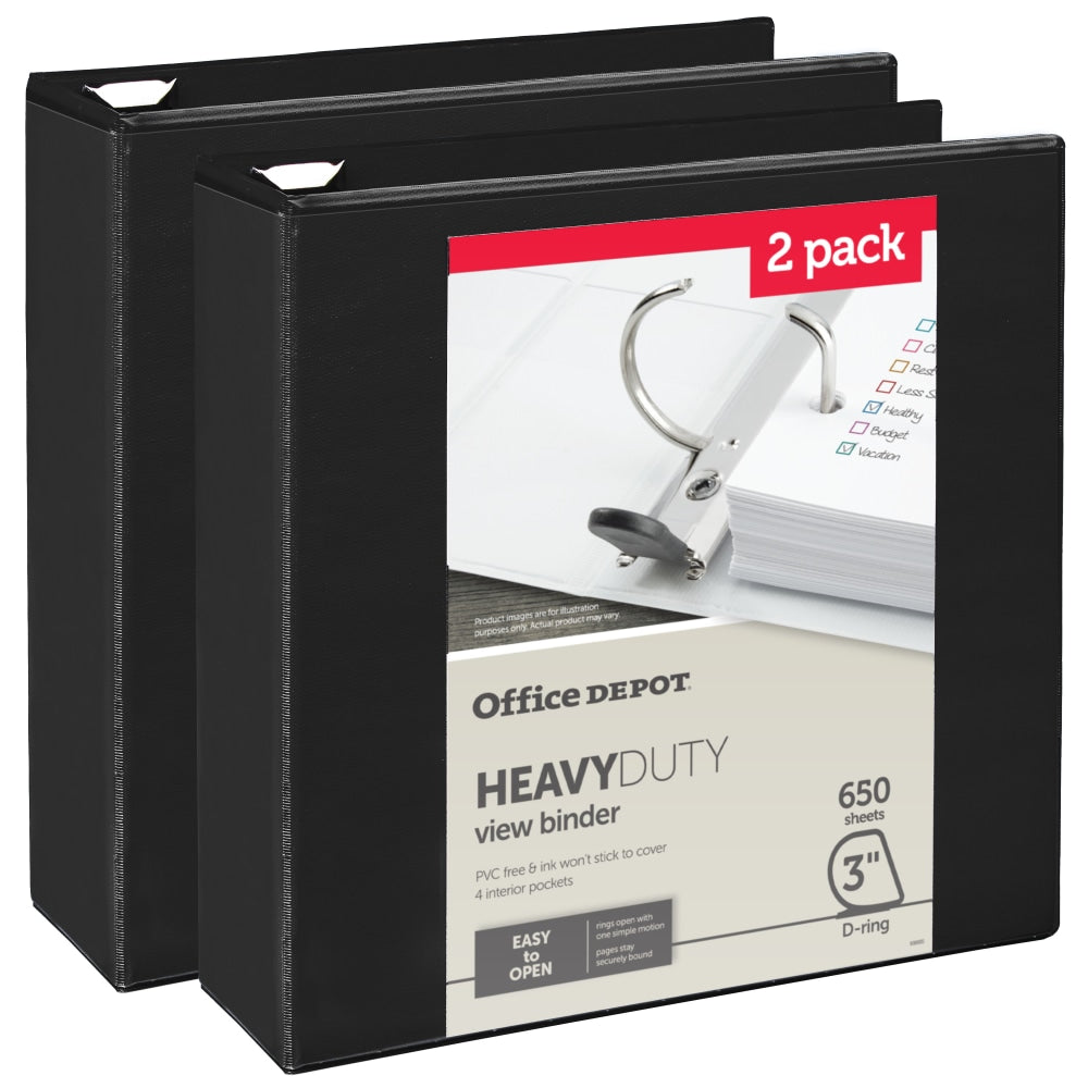 Office Depot Heavy-Duty View 3-Ring Binder, 3in D-Rings, Black, 49% Recycled, Pack Of 2
