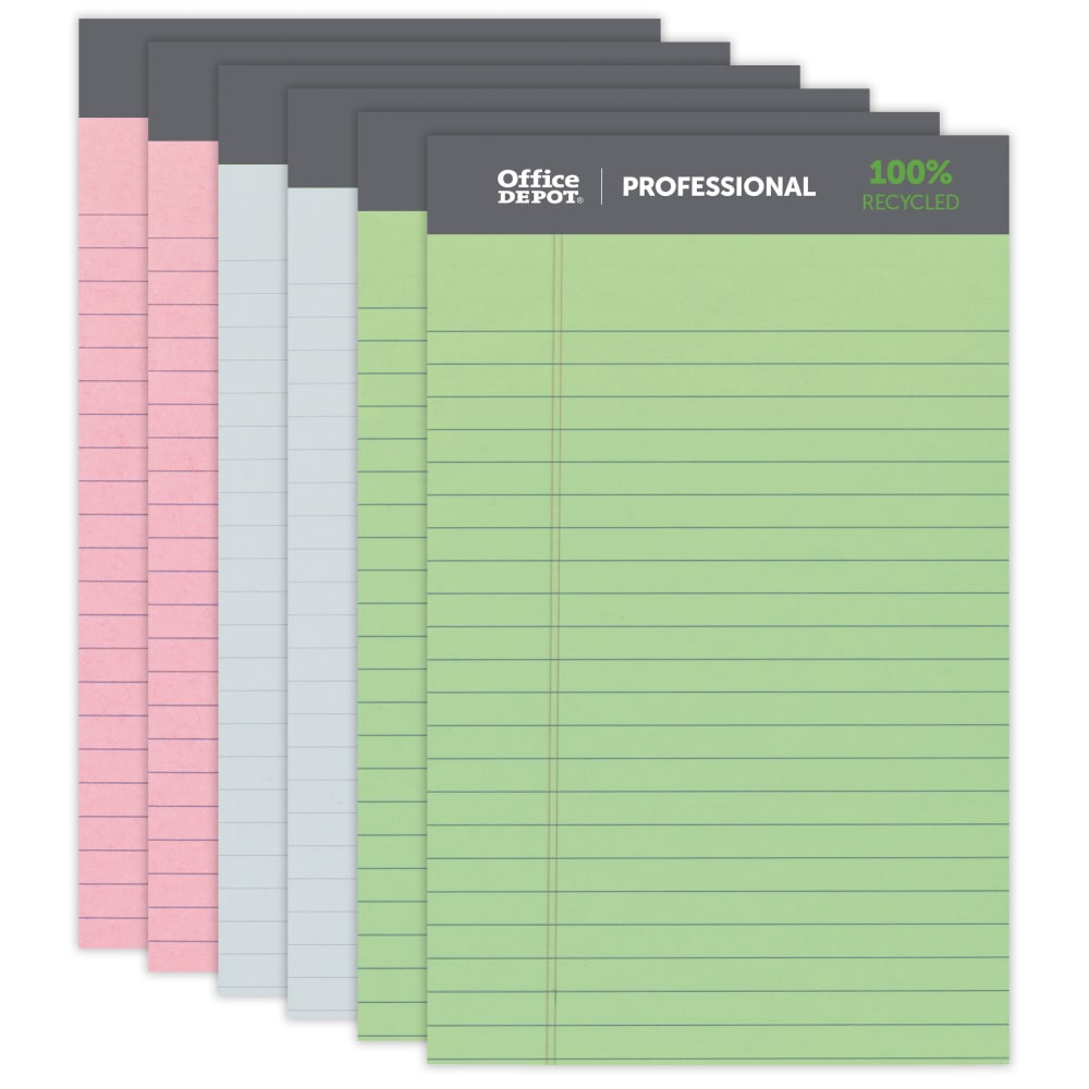 Office Depot Brand Professional Writing Pads, 5in x 8in, Narrow Ruled, Assorted Colors, 50 Sheets, 100% Recycled, Pack Of 6