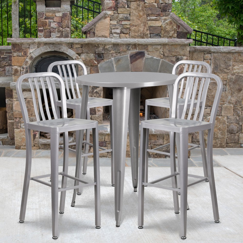 Flash Furniture Commercial-Grade 30in Round Metal Indoor-Outdoor Bar Table with 4 Vertical-Slat-Back Stools, Silver