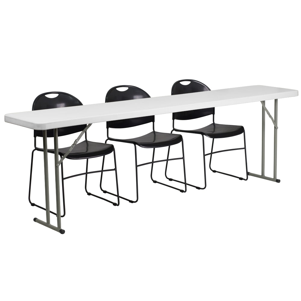 Flash Furniture Plastic Folding Training Table with 3 Plastic Stack Chairs, 29inH x 96inW x 18inD, Black/White