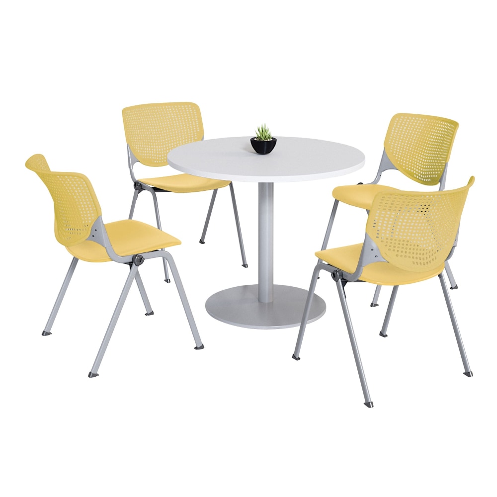 KFI Studios KOOL Round Pedestal Table With 4 Stacking Chairs, White/Yellow