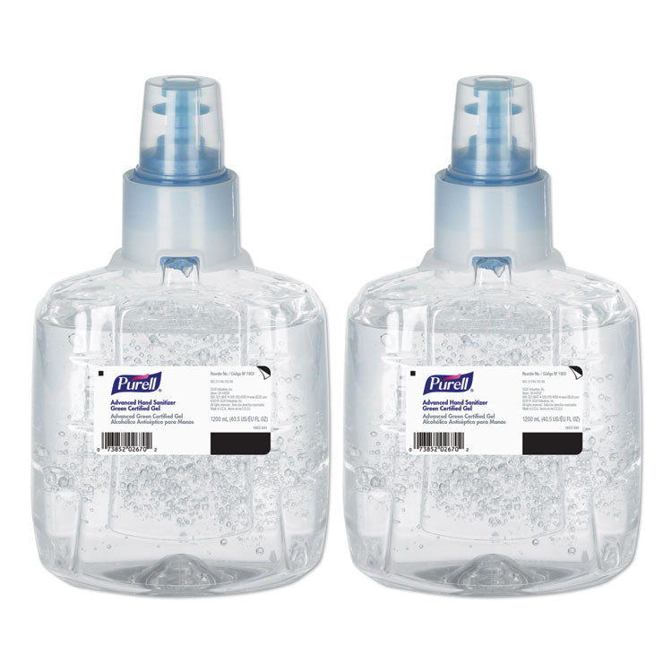 Advanced Hand Sanitizer Green Certified Gel Refill, For LTX-12 Dispensers, 1,200 mL, Fragrance-Free, 2/Carton
