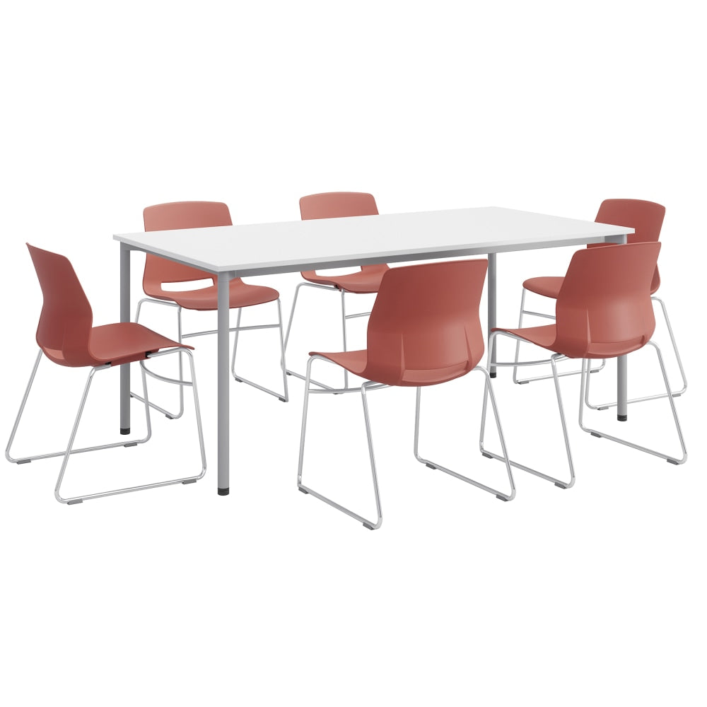 KFI Studios Dailey Table Set With 6 Sled Chairs, White/Gray Table/Coral Chairs