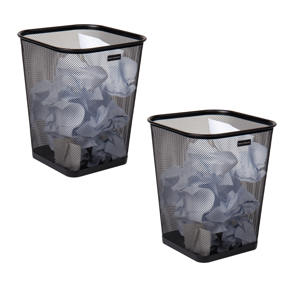 Mind Reader Metal Trash Can Square Waste Paper Basket, 12 1/4inH x 9 3/4inW x 9 3/4inD, Black Set of 2