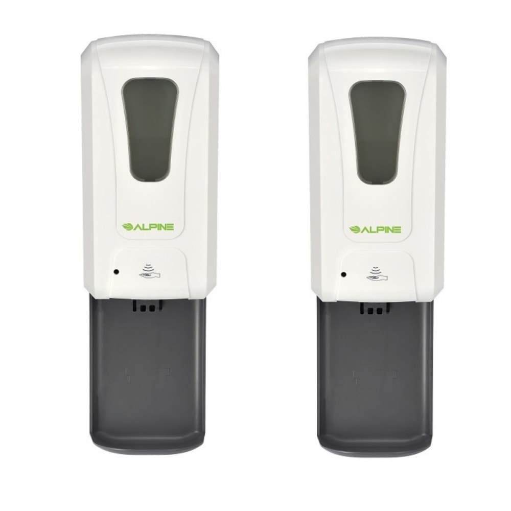 Alpine Industries 1200 mL Wall Mount Automatic Foam Hand Sanitizer Soap Dispensers With Drip Trays, White, Pack Of 2 Dispensers