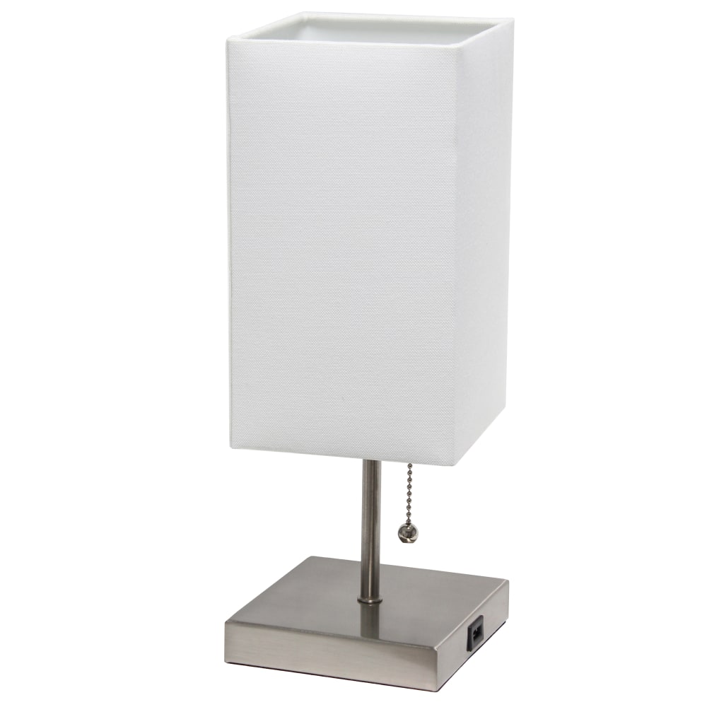 Simple Designs Petite Stick Lamp With USB Charging Port, 14-1/4inH, Brushed Nickel Base/White Shade