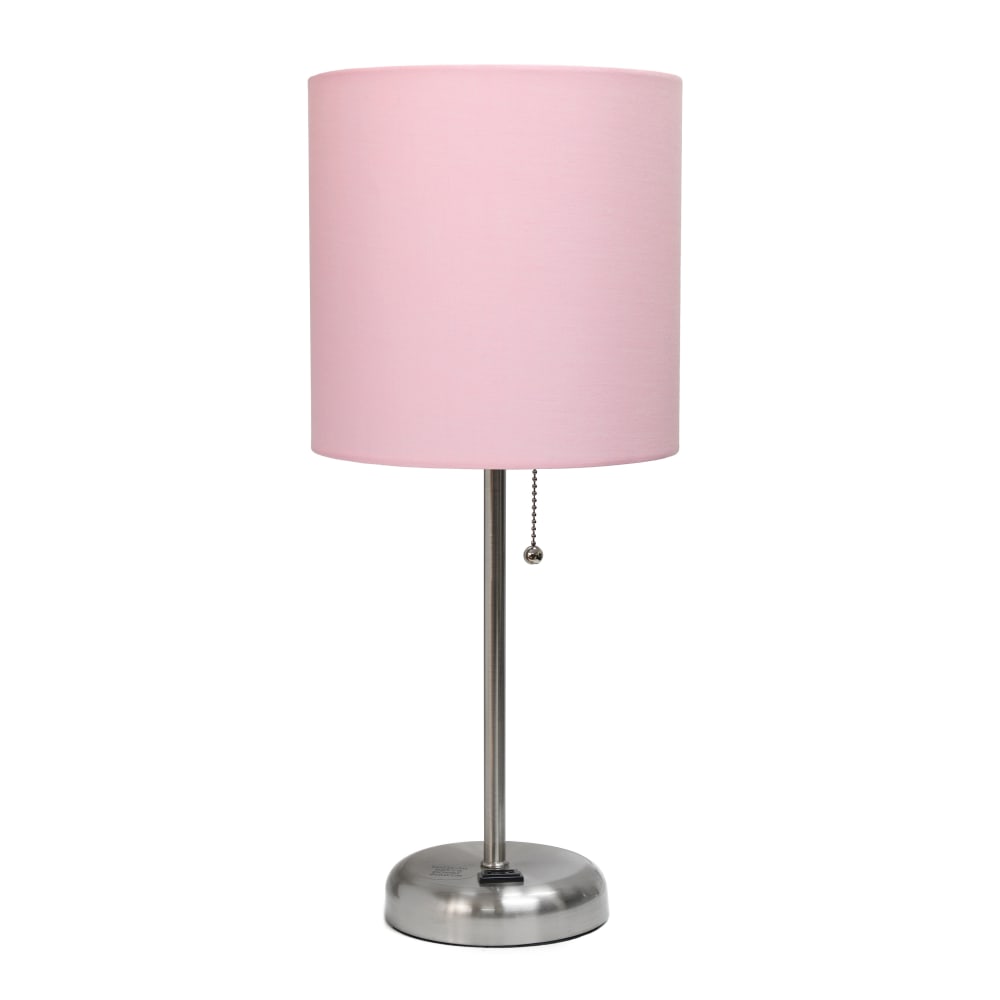 LimeLights Stick Lamp with Charging Outlet, 19-1/2inH, Light Pink Shade/Brushed Steel Base