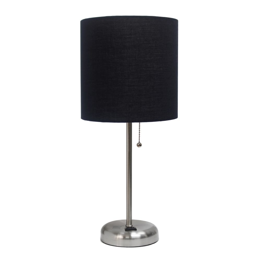Creekwood Home Oslo Power Outlet Metal Table Lamp, 19-1/2inH, Black Shade/Brushed Steel Base