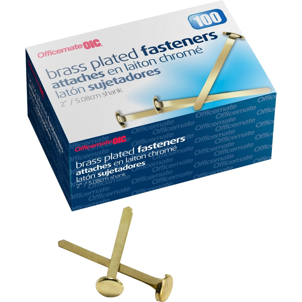 OIC Brass-Plated Round Head Paper Fasteners, 2in, Brass, Box Of 100
