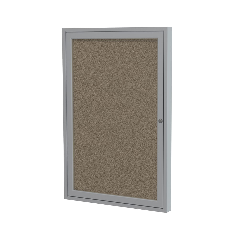 Ghent Traditional Enclosed 1-Door Fabric Bulletin Board, 24in x 18in, Taupe, Satin Aluminum Frame